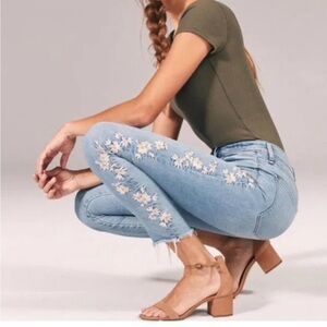 Abercrombie & Fitch Light Blue Straight Leg Jeans with Floral Embroidery